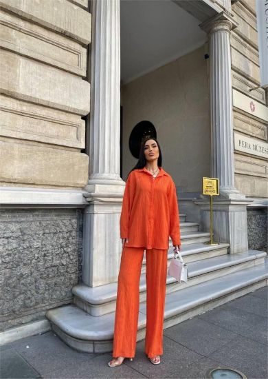 KENDİNDEN DESENLİ KRINKILL GÖMLEK - PANTOLON TK - Orange resmi